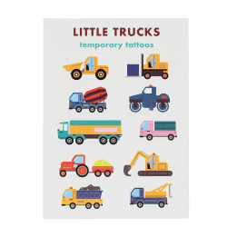 Children's temporary tattoos featuring colourful trucks, construction vehicles and machinery.