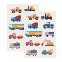 Children's temporary tattoos featuring colourful construction vehicles and trucks.