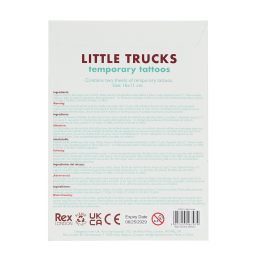 Back of temporary tattoo pack with product information, ingredients, safety warnings and barcode.