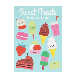Children’s temporary tattoos featuring smiling sweets, ice creams, cakes and drinks.
