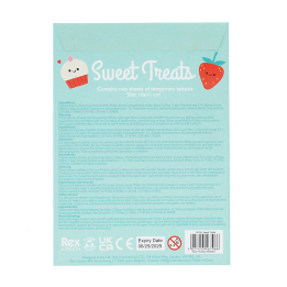 Back of temporary tattoo pack with product information, safety warnings, expiry date and barcode.