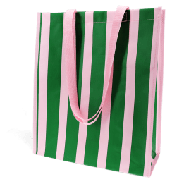Shopping bag with bold green and pink vertical stripes and matching pink carry handles.