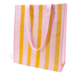 Shopping bag with pink and orange vertical stripes and matching pink carry handles.