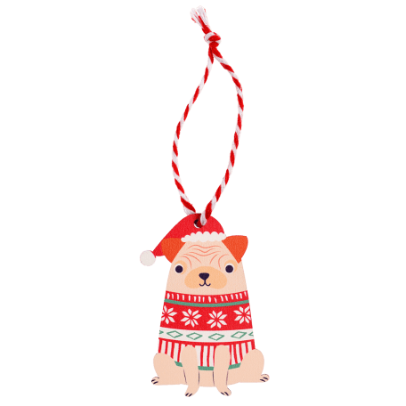 Wooden Christmas decoration pug dog front side
