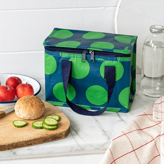 Green on blue spotlight lunch bag