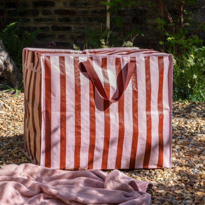 Pink and brown striped jumbo storage bag with handle