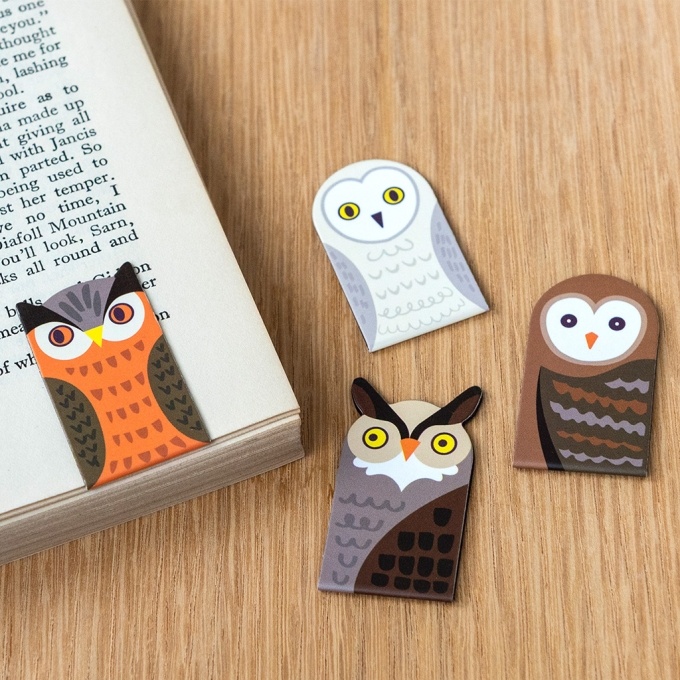 Owl magnetic bookmarks set featuring four owl designs in assorted colours and patterns