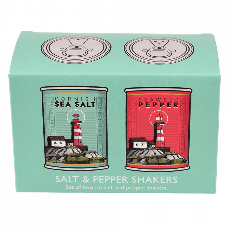 Tin salt shop and pepper shakers