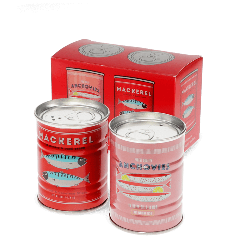 Tin salt and pepper shakers Fish MACKEREL & ANCHOVIES ﻿Rex London