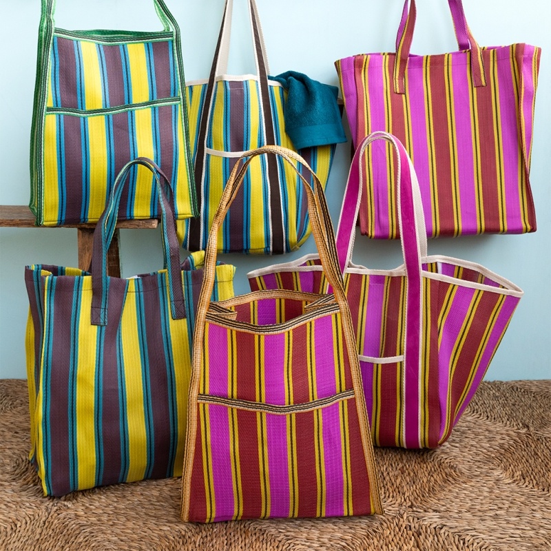 Recycled woven bag with side pocket - Brown, yellow, teal | ﻿Rex