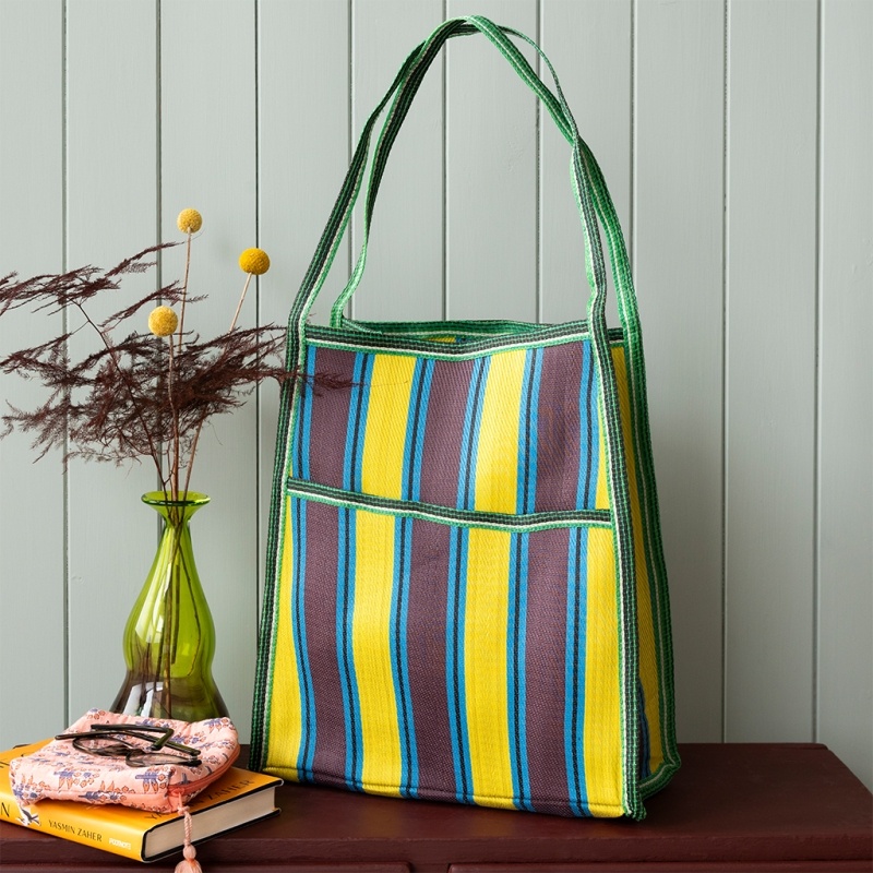 Recycled woven bag with side pocket - Brown, yellow, teal | ﻿Rex