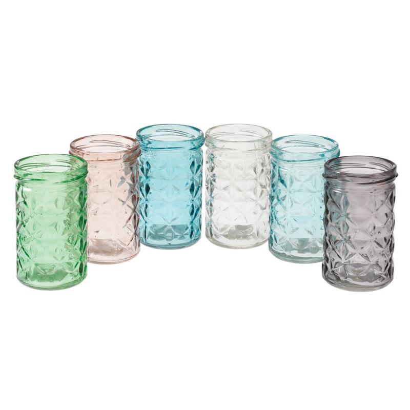 SET OF 6 COLOURED GLASS TEALIGHT HOLDERS ﻿Rex London