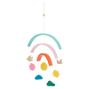 Colourful mobile featuring birds, flower, sun, and clouds