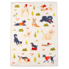 Cotton tea towel featuring an illustration of various dog breeds in playful poses