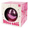 Pink disco ball inside a packaging labelled "DISCO BALL" in bold pink letters