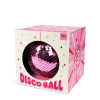 Pink disco ball inside a packaging labelled "DISCO BALL" in bold pink letters