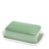 Rectangular butter dish with green lid embossed with the word 'BUTTER