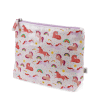Wash bag in pale pink featuring colourful illustrations of unicorns, rainbows and stars with tag