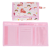 Wallet in pink featuring colourful illustrations of unicorns, rainbows and stars with open cards slot