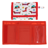 Wallet in white featuring colourful illustrations of sausage dog wearing striped jumper with open cards slot