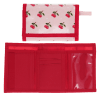 Wallet in pink featuring colourful illustrations of red cherry print with open cards slot