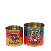 Two vintage-style passata-themed storage tins, one small with a tomato print and one large with a chilli print.