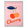 Cotton tea towel featuring a cherry print with pink background