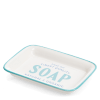 Rectangular ceramic soap dish with a light blue border and printed text 'SOAP'