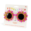 pink flower-shaped funglasses with gold glittery accents and dark round lenses with packaging