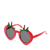 Red strawberry-shaped funglasses with green leaves, and dark round lenses