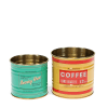 Two vintage-style storage tins, one green labelled "Morning Brew" and one yellow labelled "Barista Coffee
