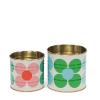Two floral storage tins, one small with pink daisy and one large with green and blue daisy print