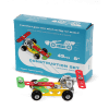 Completed colourful racing car model displayed with its packaging box