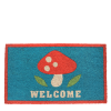 Colourful doormat featuring red mushroom and a welcome letter print 