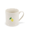 Stoneware mug featuring a yellow lemon print with green leaves and handle 