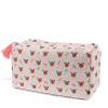 Rectangular makeup bag in pale pink with a floral pattern of small red and green flowers