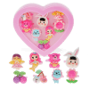 Assorted colourful rings with animal, mermaid, flower, and fruit designs in a pink heart-shaped box