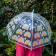 Transparent umbrella with light blue trim and rainbow pattern