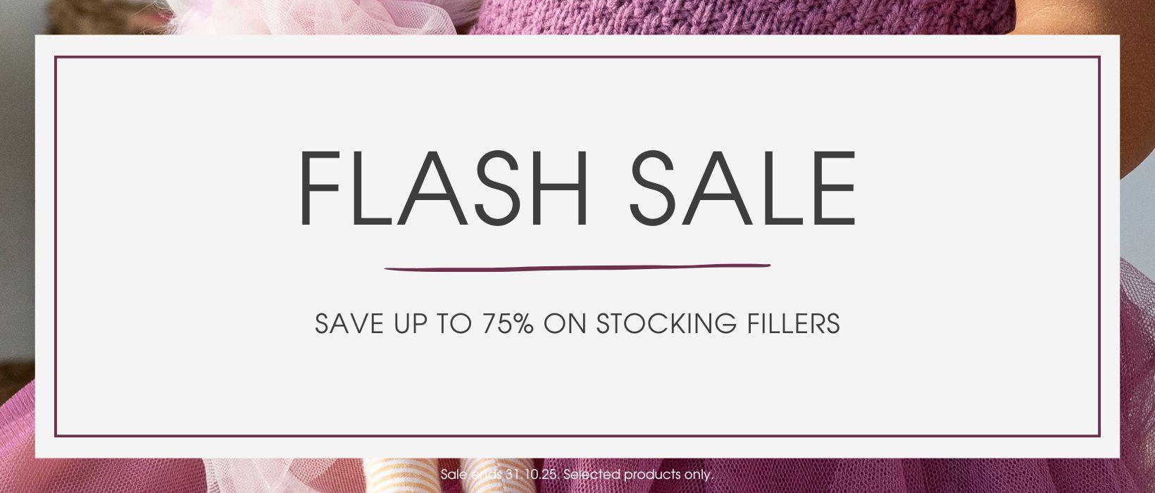 A text banner read Flash Sale - Save up to 75% on stocking fillers