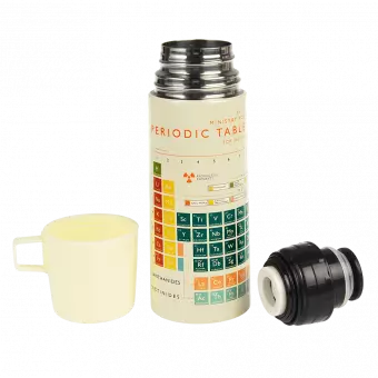 Periodic table flask with cup removed and lid unscrewed
