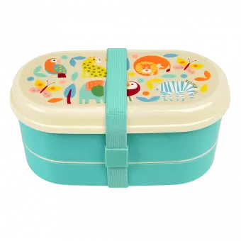 Turquoise kids bento box with cream lid and middle tray plus turquoise elastic strap featuring colourful illustrations of wild animals