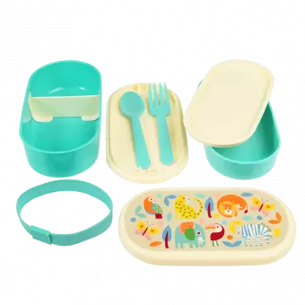 Bento box parts: base section with divider, tray with fork and spoon, middle tray, upper section, elastic strap and lid