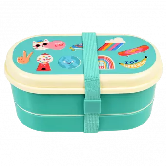 Turquoise kids bento box with cream lid and middle tray plus turquoise elastic strap featuring retro style top banana print