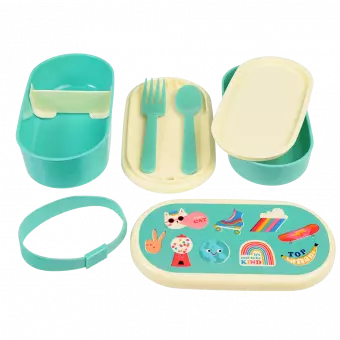 Bento box parts: base section with divider, tray with fork and spoon, middle tray, upper section, elastic strap and lid
