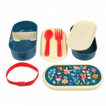 Bento box parts: base section with divider, tray with fork and spoon, middle tray, upper section, elastic strap and lid