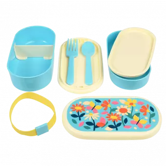 Bento box parts: base section with divider, tray with fork and spoon, middle tray, upper section, elastic strap and lid