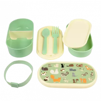 Bento box parts: base section with divider, tray with fork and spoon, middle tray, upper section, elastic strap and lid