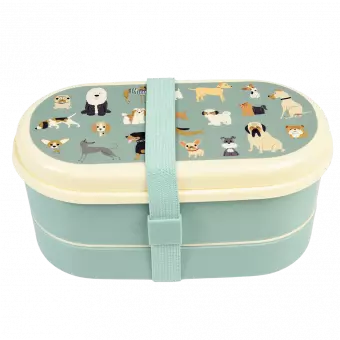 Blue-green kids bento box with cream lid and middle tray plus blue-green elastic strap featuring illustrations of dogs
