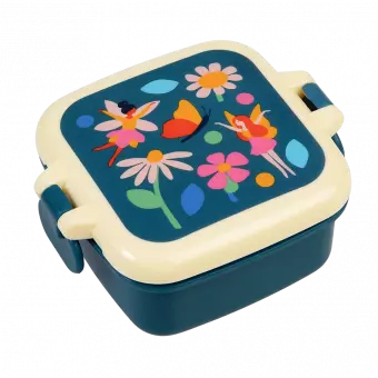 Dark blue snack pot with cream and dark blue lid featuring illustrations of fairies amongst flowers