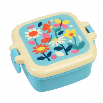 Light blue snack pot with cream and light blue lid featuring illustrations of butterflies amongst flowers